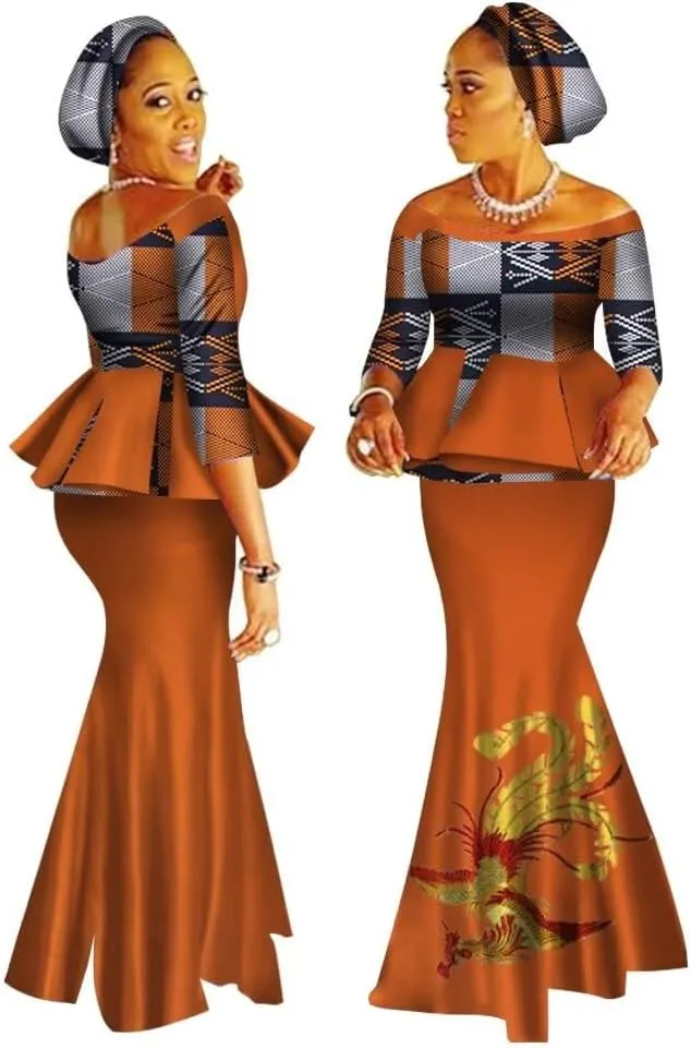 XIAOHUAGUA African Print Crop Tops Skirt Set Off Shoulder Half Sleeve African Women Clothing Long Skirt Set