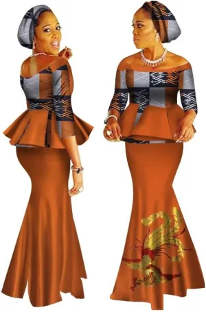XIAOHUAGUA African Print Crop Tops Skirt Set Off Shoulder Half Sleeve African Women Clothing Long Skirt Set