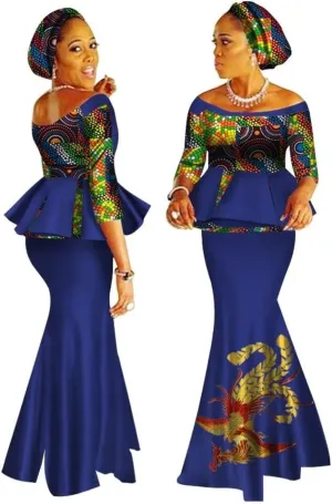 XIAOHUAGUA African Print Crop Tops Skirt Set Off Shoulder Half Sleeve African Women Clothing Long Skirt Set