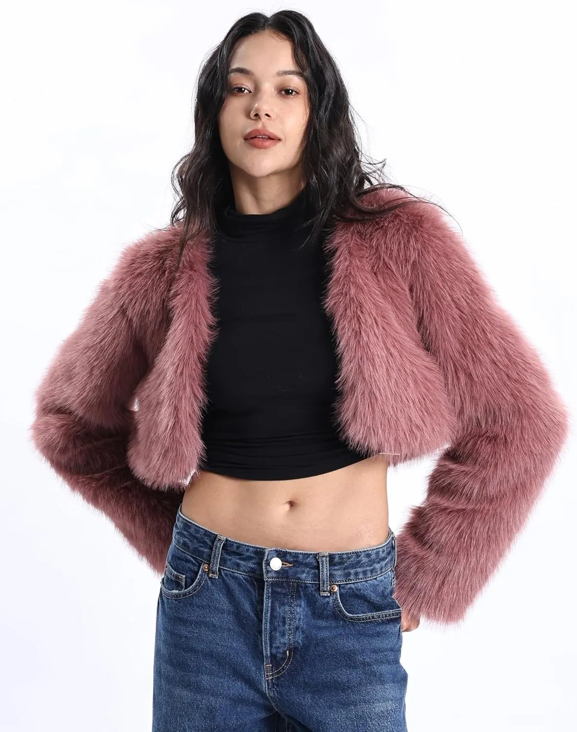Xintianji Womens Faux Fur Cropped Jacket - Open Front Long Sleeve Winter Fuzzy Fleece Coat