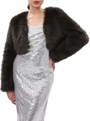 Xintianji Womens Faux Fur Cropped Jacket - Open Front Long Sleeve Winter Fuzzy Fleece Coat