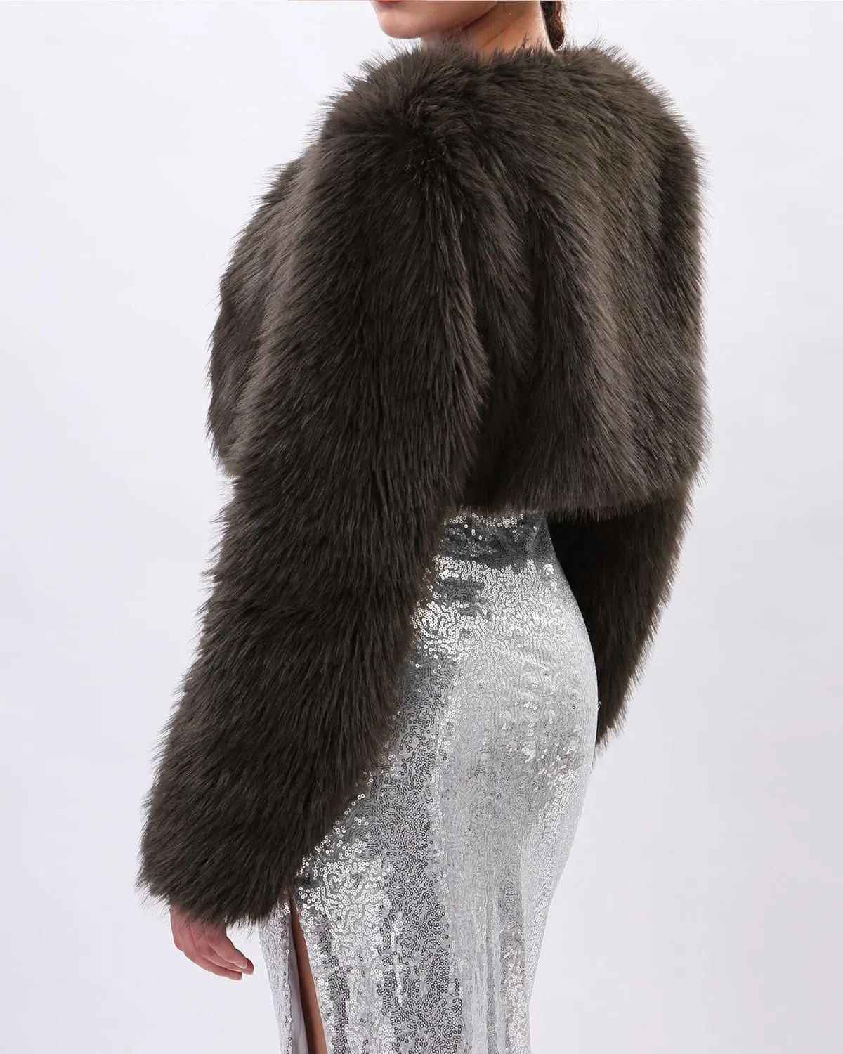 Xintianji Womens Faux Fur Cropped Jacket - Open Front Long Sleeve Winter Fuzzy Fleece Coat