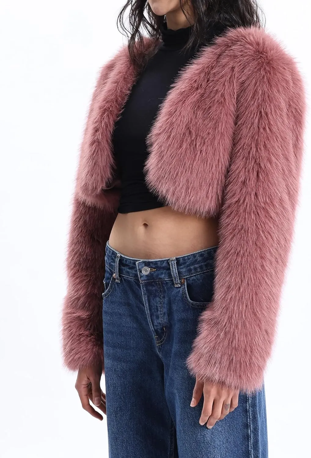 Xintianji Womens Faux Fur Cropped Jacket - Open Front Long Sleeve Winter Fuzzy Fleece Coat