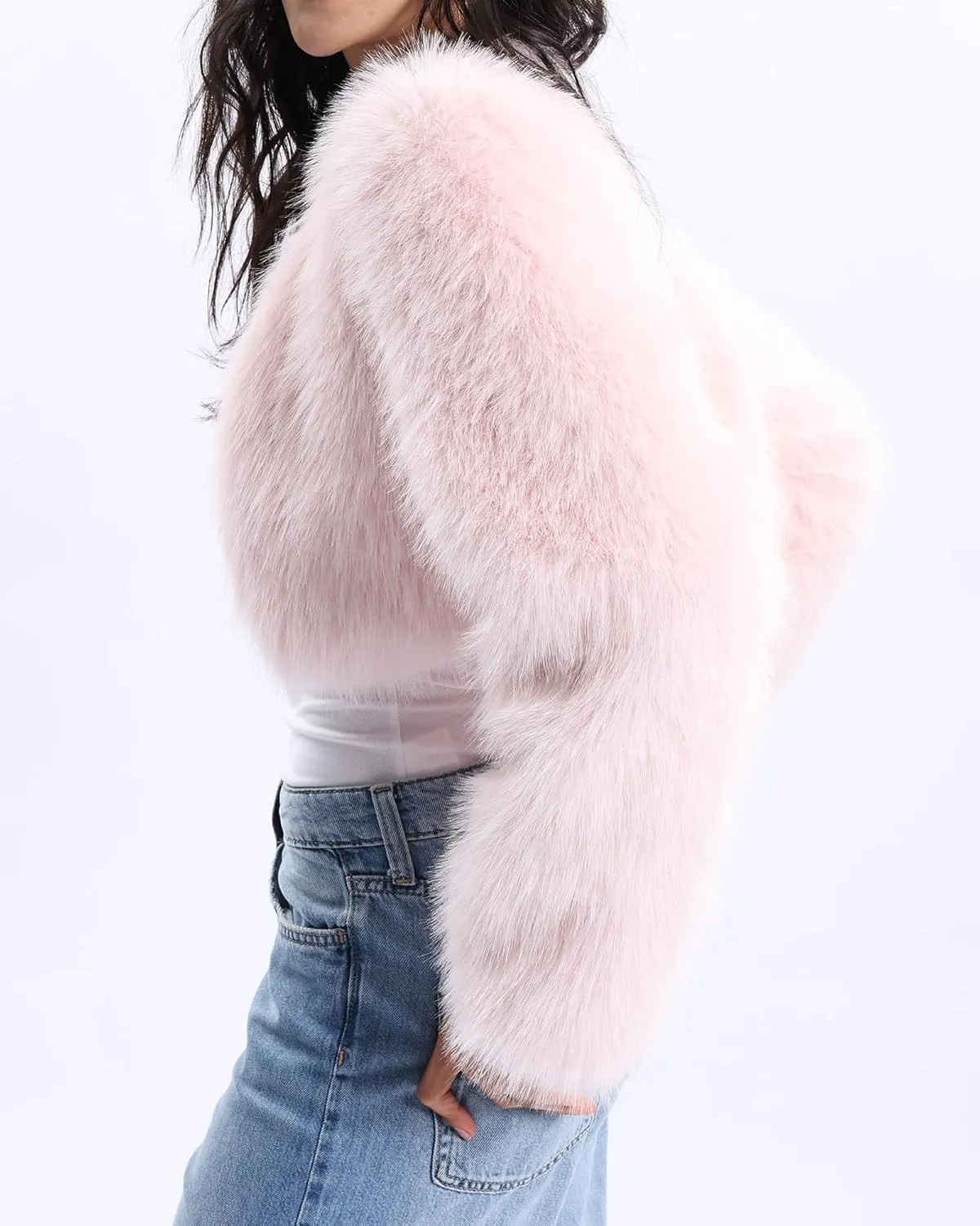 Xintianji Womens Faux Fur Cropped Jacket - Open Front Long Sleeve Winter Fuzzy Fleece Coat