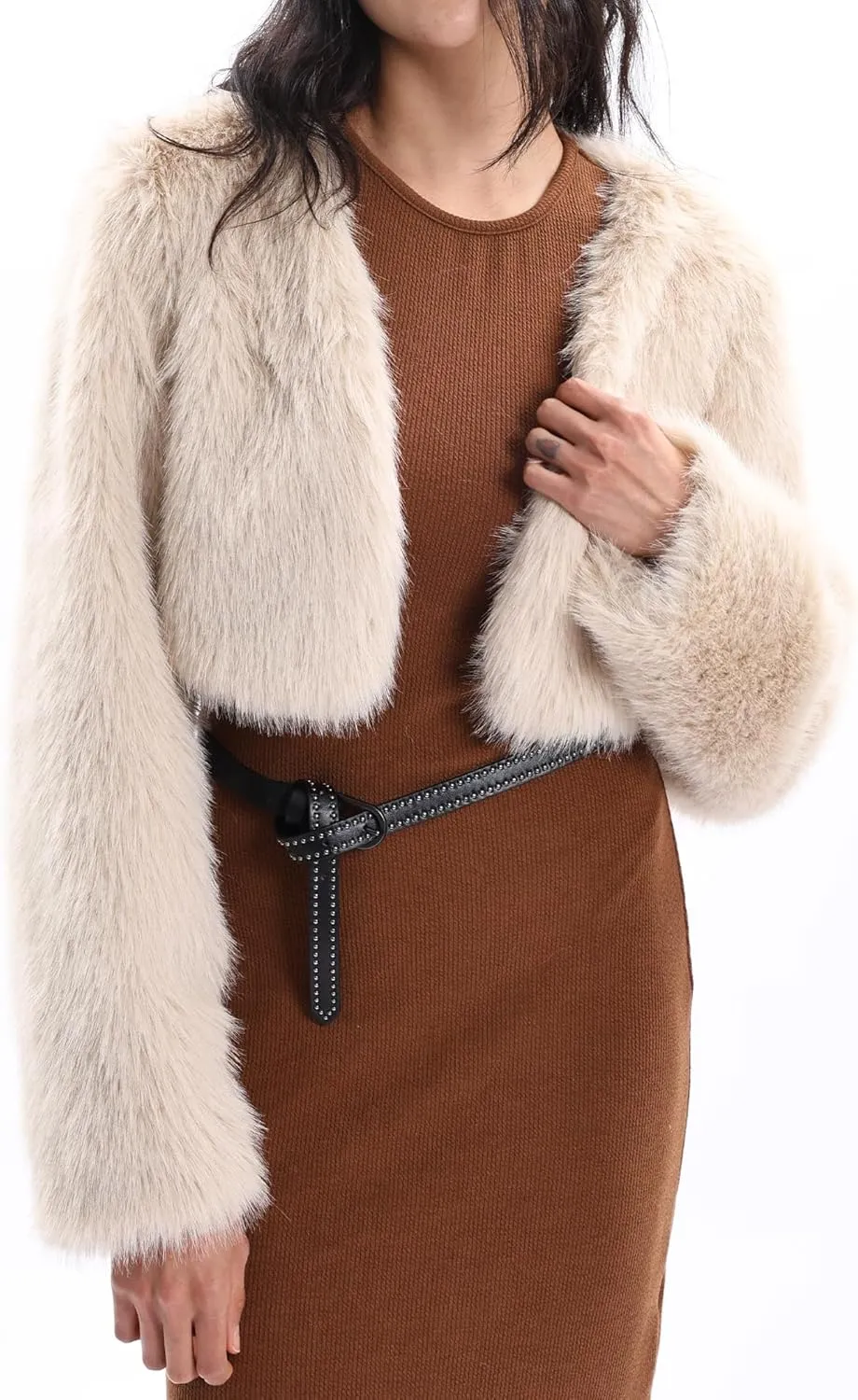 Xintianji Womens Faux Fur Cropped Jacket - Open Front Long Sleeve Winter Fuzzy Fleece Coat