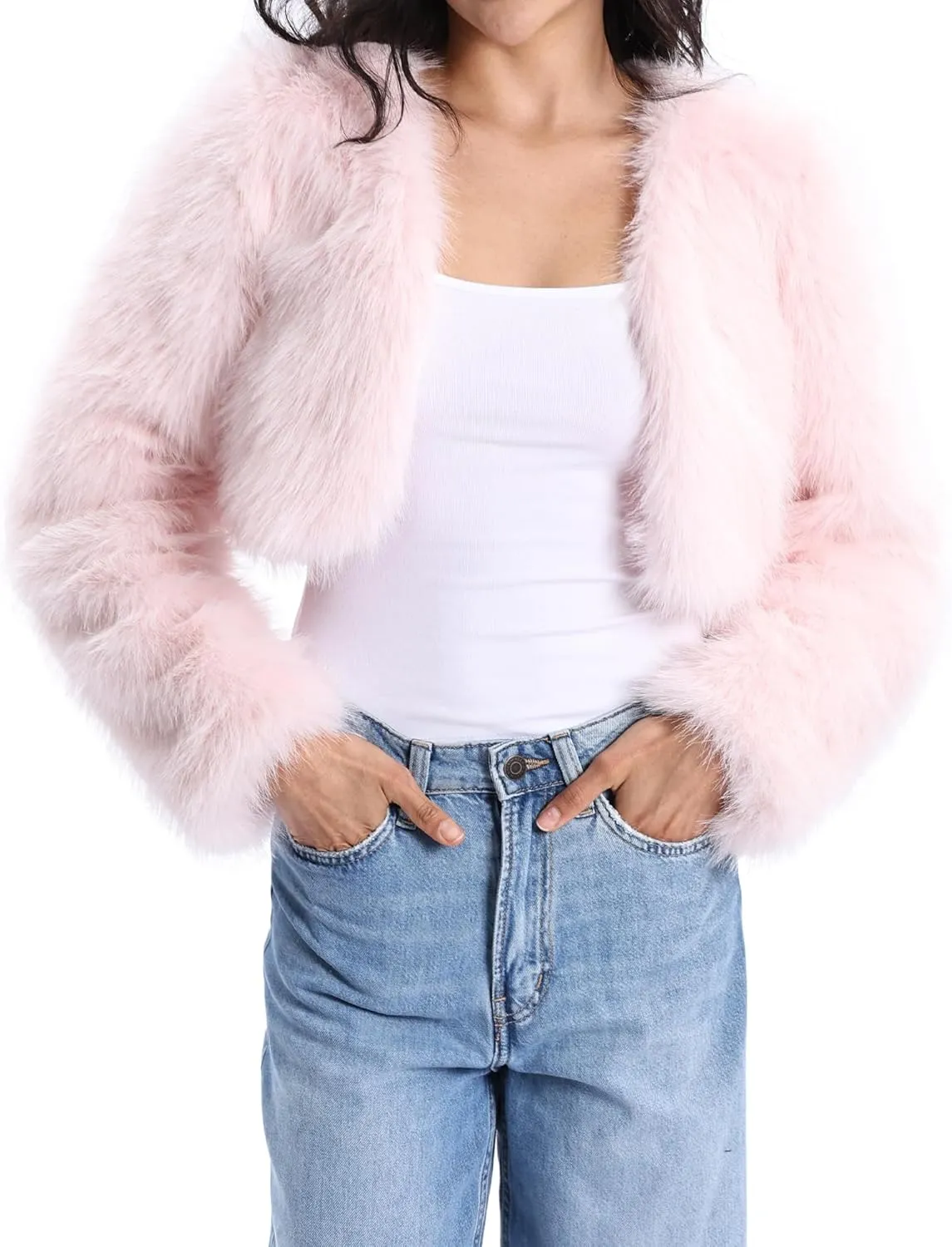 Xintianji Womens Faux Fur Cropped Jacket - Open Front Long Sleeve Winter Fuzzy Fleece Coat