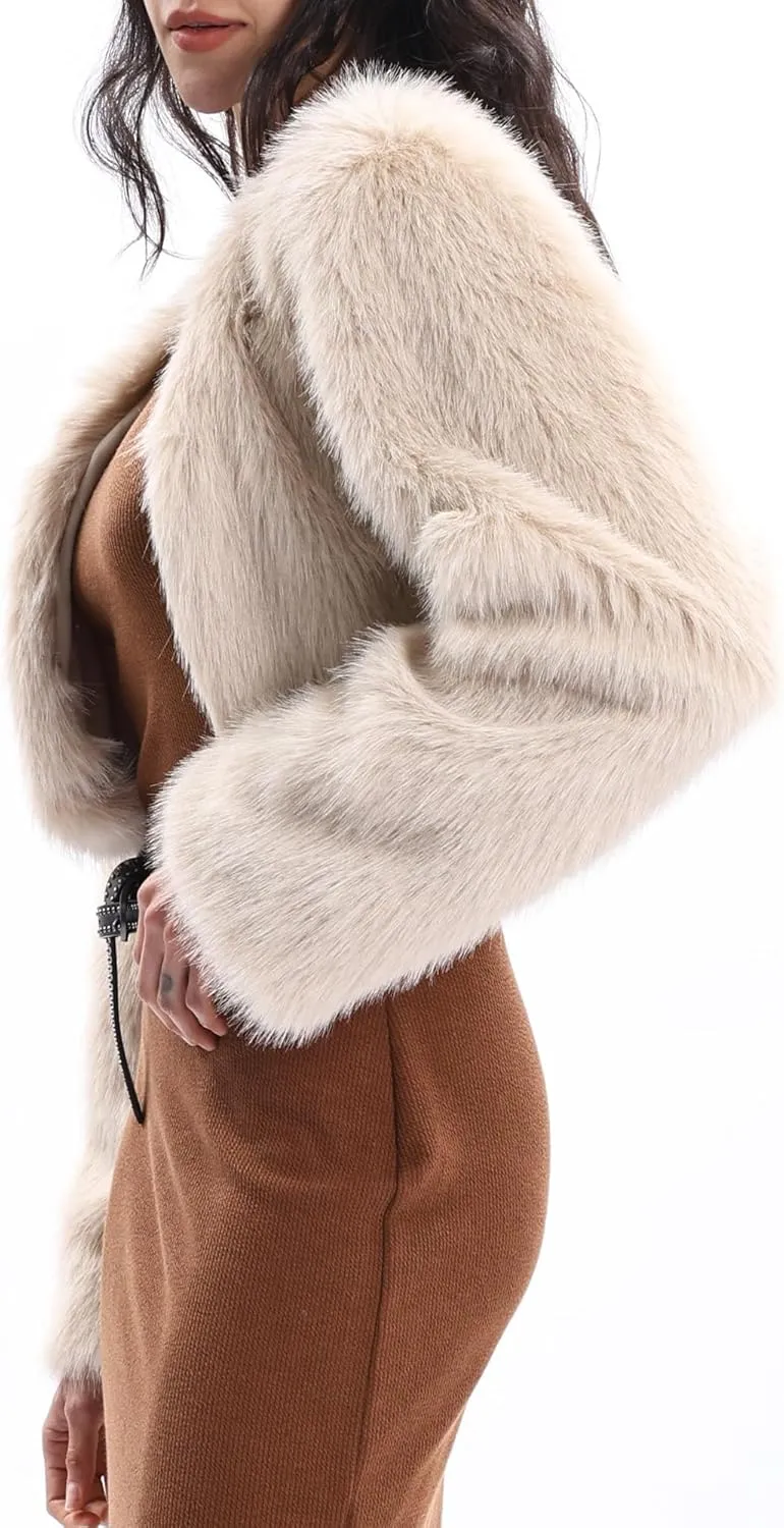 Xintianji Womens Faux Fur Cropped Jacket - Open Front Long Sleeve Winter Fuzzy Fleece Coat