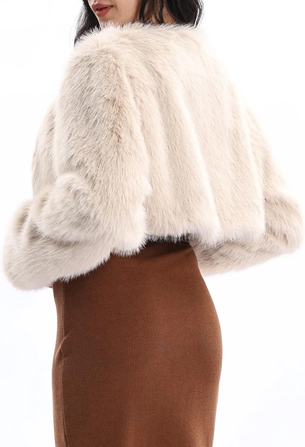 Xintianji Womens Faux Fur Cropped Jacket - Open Front Long Sleeve Winter Fuzzy Fleece Coat
