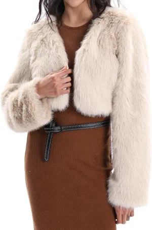 Xintianji Womens Faux Fur Cropped Jacket - Open Front Long Sleeve Winter Fuzzy Fleece Coat