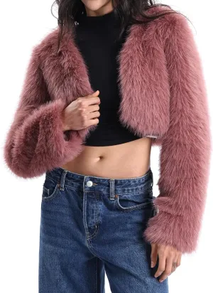 Xintianji Womens Faux Fur Cropped Jacket - Open Front Long Sleeve Winter Fuzzy Fleece Coat