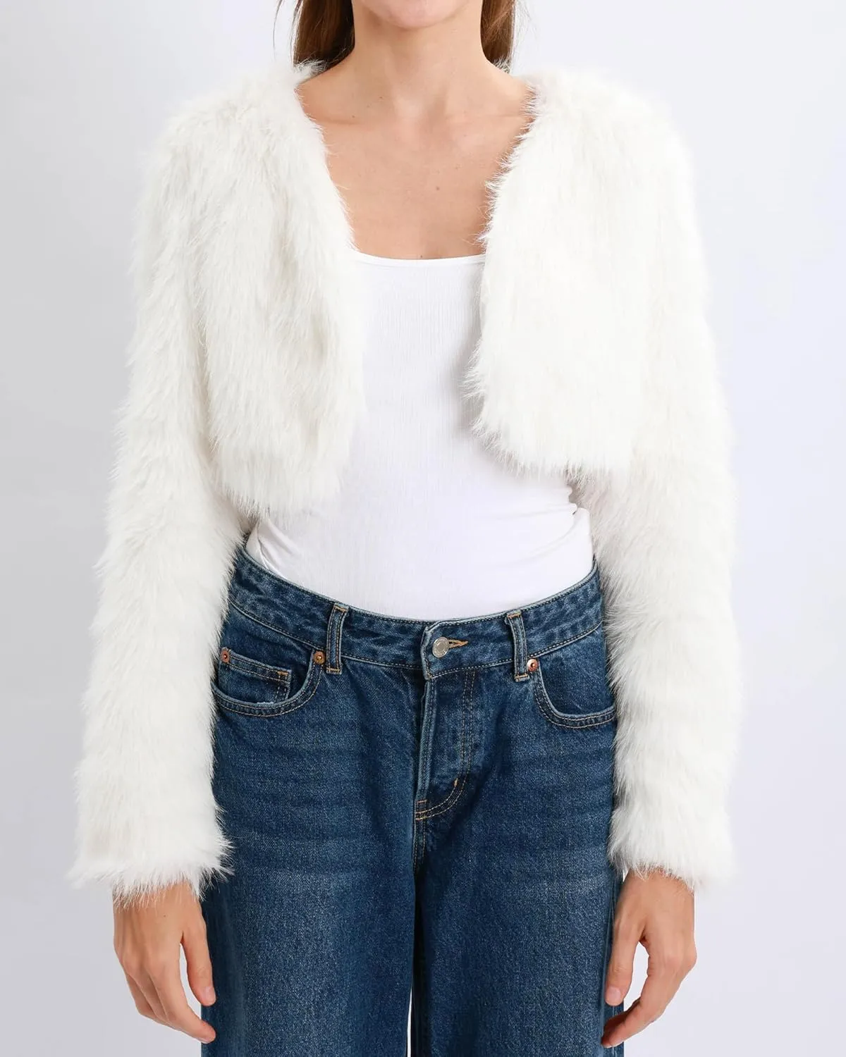 Xintianji Womens Faux Fur Cropped Jacket - Open Front Long Sleeve Winter Fuzzy Fleece Coat