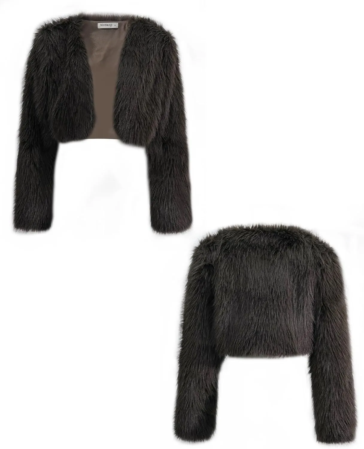 Xintianji Womens Faux Fur Cropped Jacket - Open Front Long Sleeve Winter Fuzzy Fleece Coat