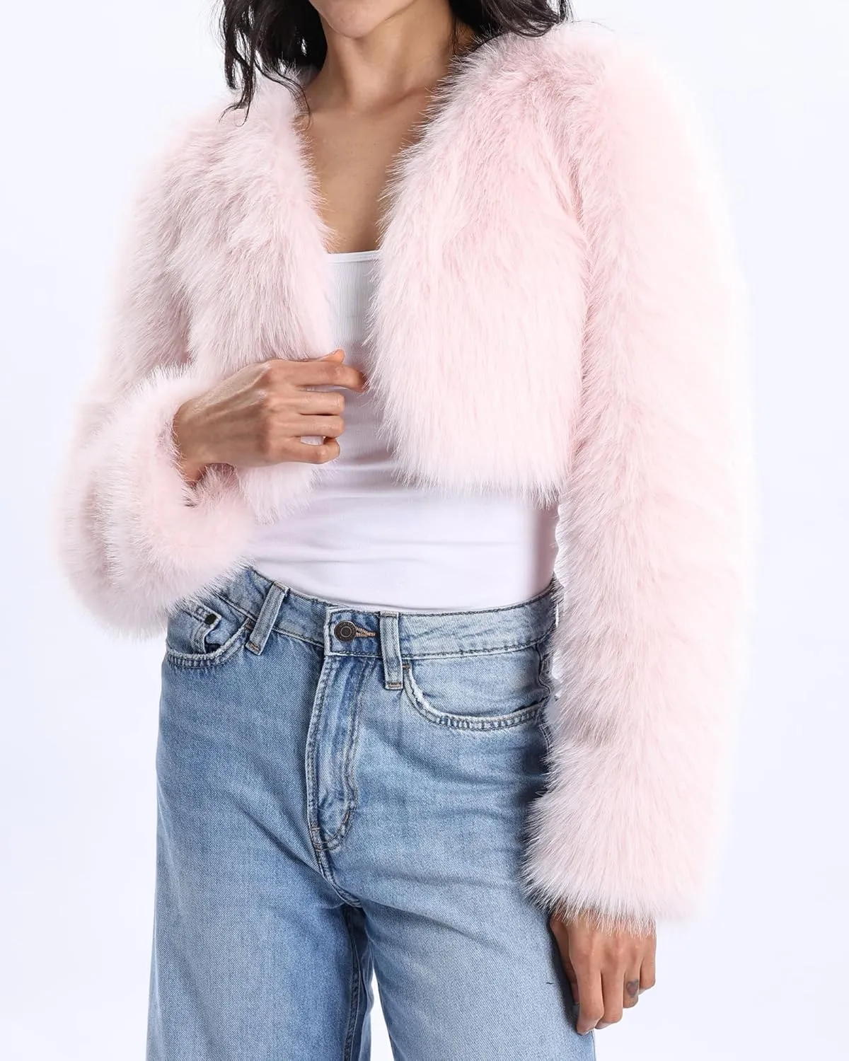 Xintianji Womens Faux Fur Cropped Jacket - Open Front Long Sleeve Winter Fuzzy Fleece Coat