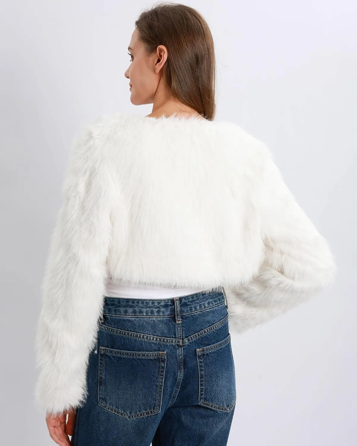 Xintianji Womens Faux Fur Cropped Jacket - Open Front Long Sleeve Winter Fuzzy Fleece Coat