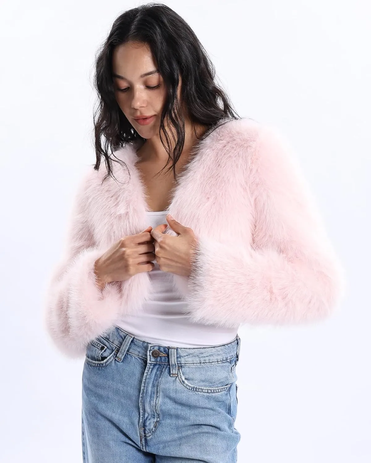 Xintianji Womens Faux Fur Cropped Jacket - Open Front Long Sleeve Winter Fuzzy Fleece Coat