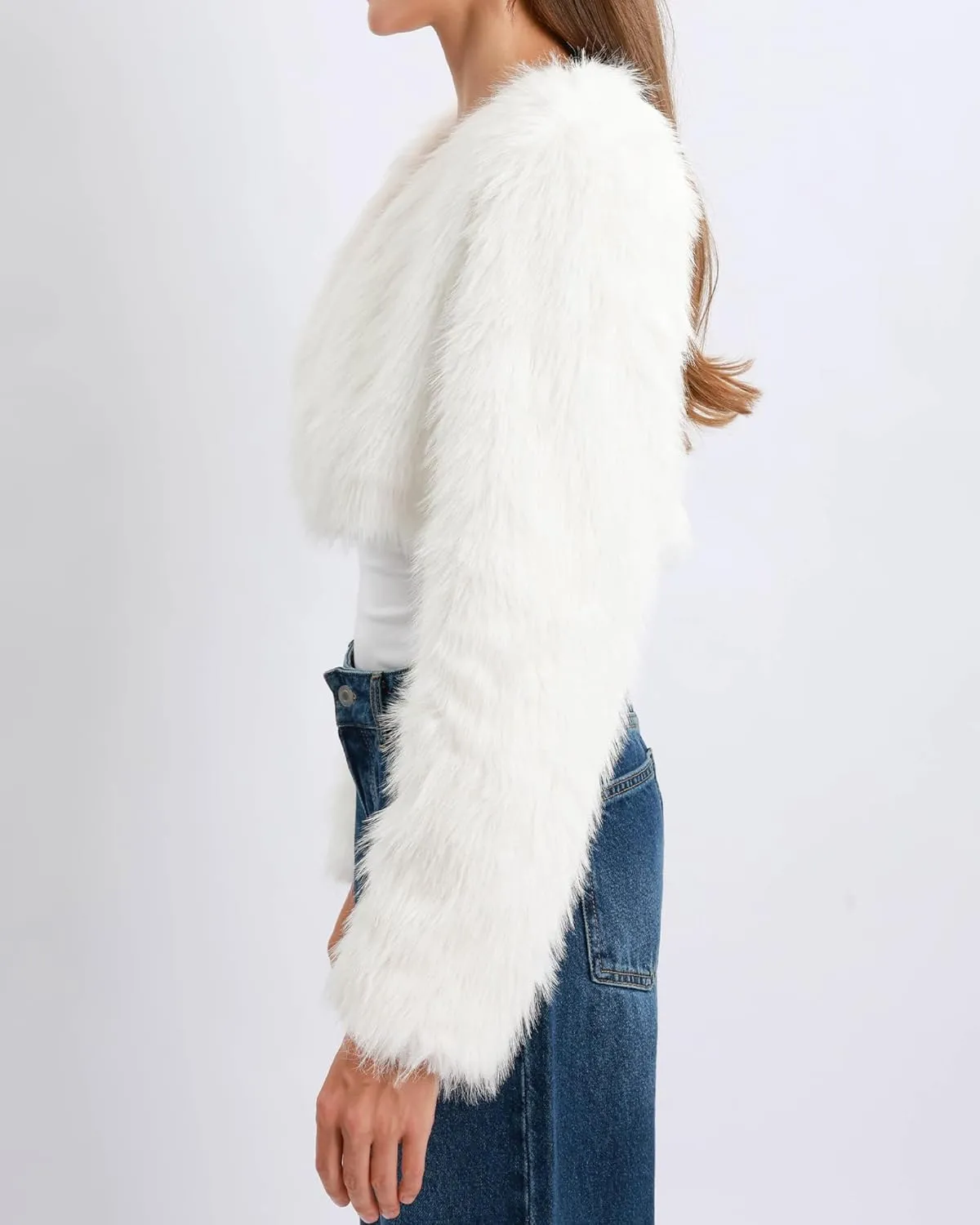 Xintianji Womens Faux Fur Cropped Jacket - Open Front Long Sleeve Winter Fuzzy Fleece Coat