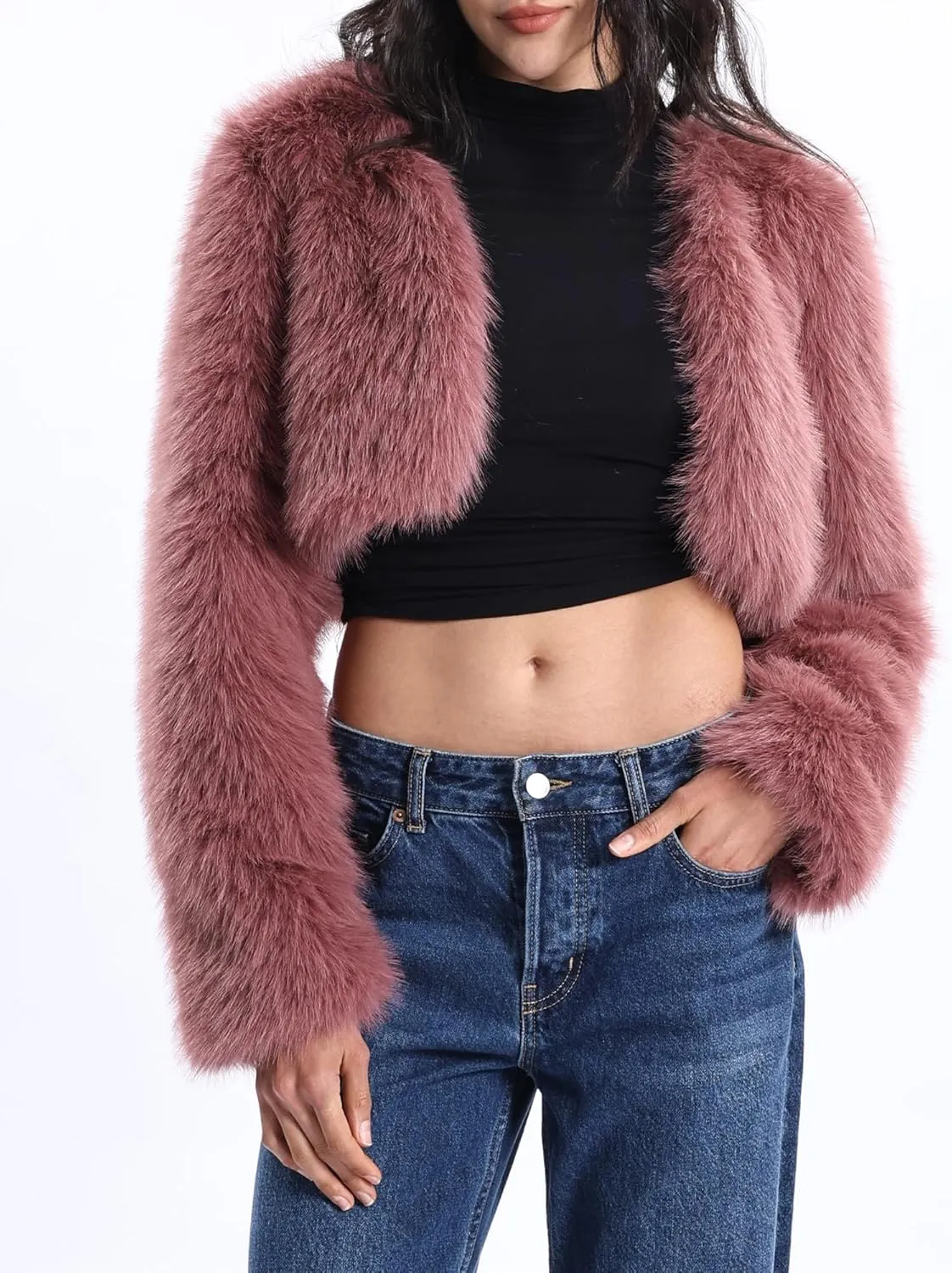 Xintianji Womens Faux Fur Cropped Jacket - Open Front Long Sleeve Winter Fuzzy Fleece Coat