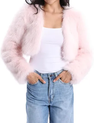 Xintianji Womens Faux Fur Cropped Jacket - Open Front Long Sleeve Winter Fuzzy Fleece Coat