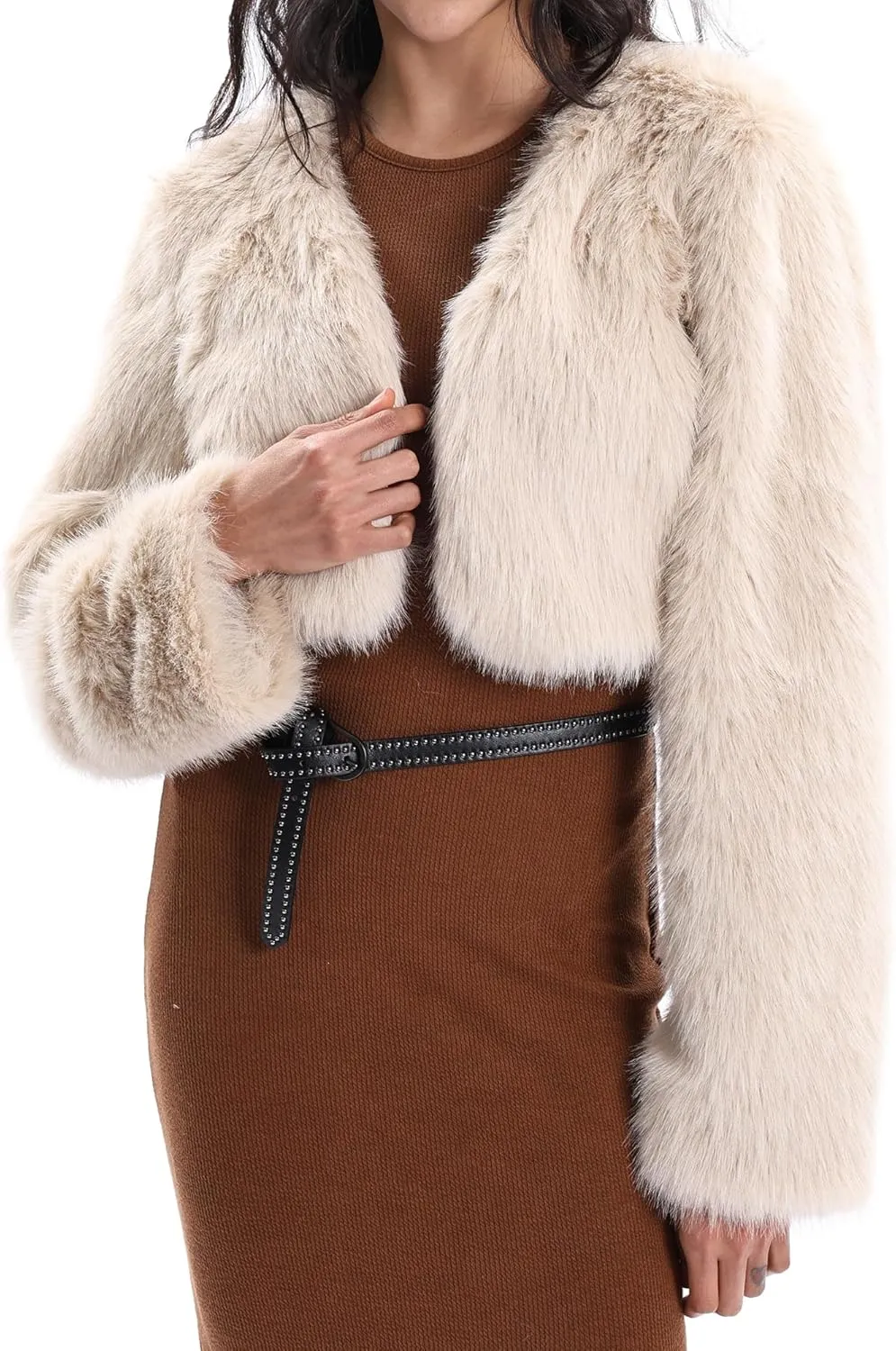 Xintianji Womens Faux Fur Cropped Jacket - Open Front Long Sleeve Winter Fuzzy Fleece Coat