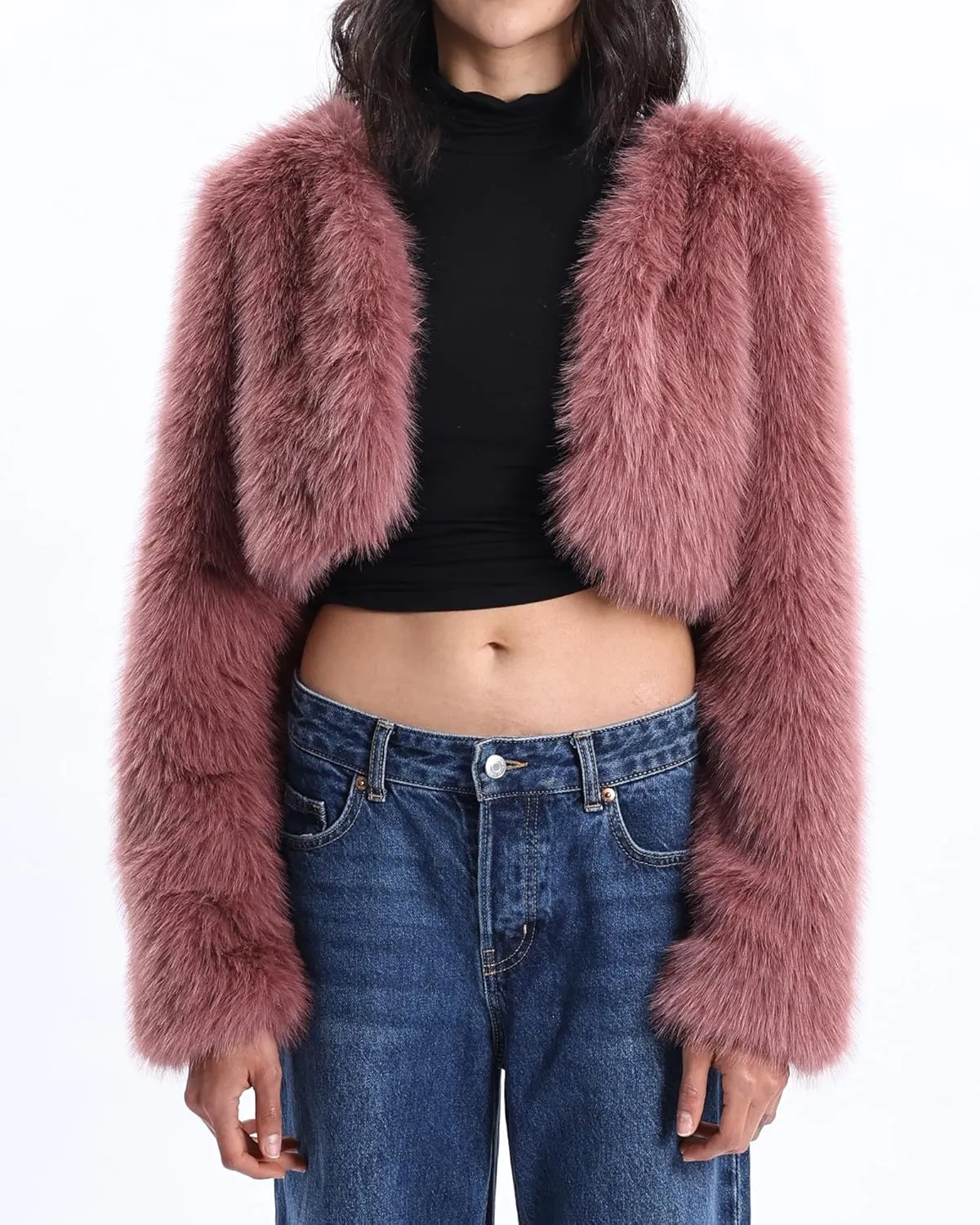 Xintianji Womens Faux Fur Cropped Jacket - Open Front Long Sleeve Winter Fuzzy Fleece Coat