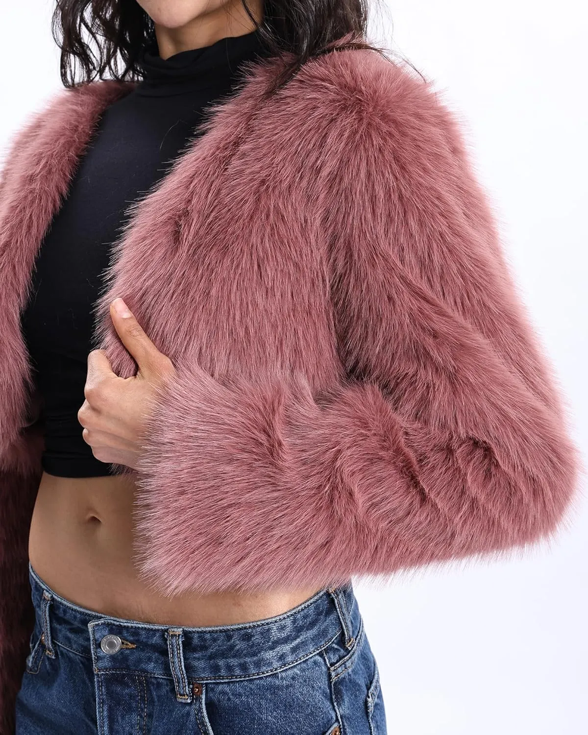 Xintianji Womens Faux Fur Cropped Jacket - Open Front Long Sleeve Winter Fuzzy Fleece Coat
