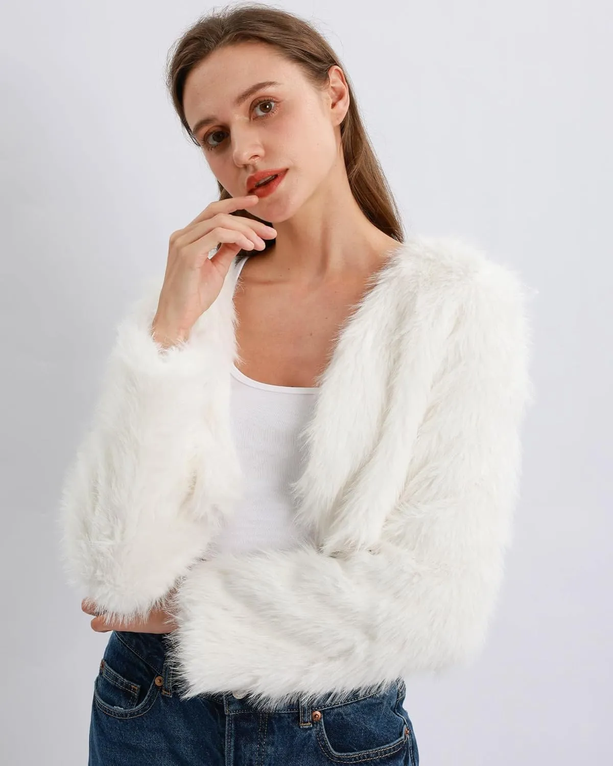 Xintianji Womens Faux Fur Cropped Jacket - Open Front Long Sleeve Winter Fuzzy Fleece Coat