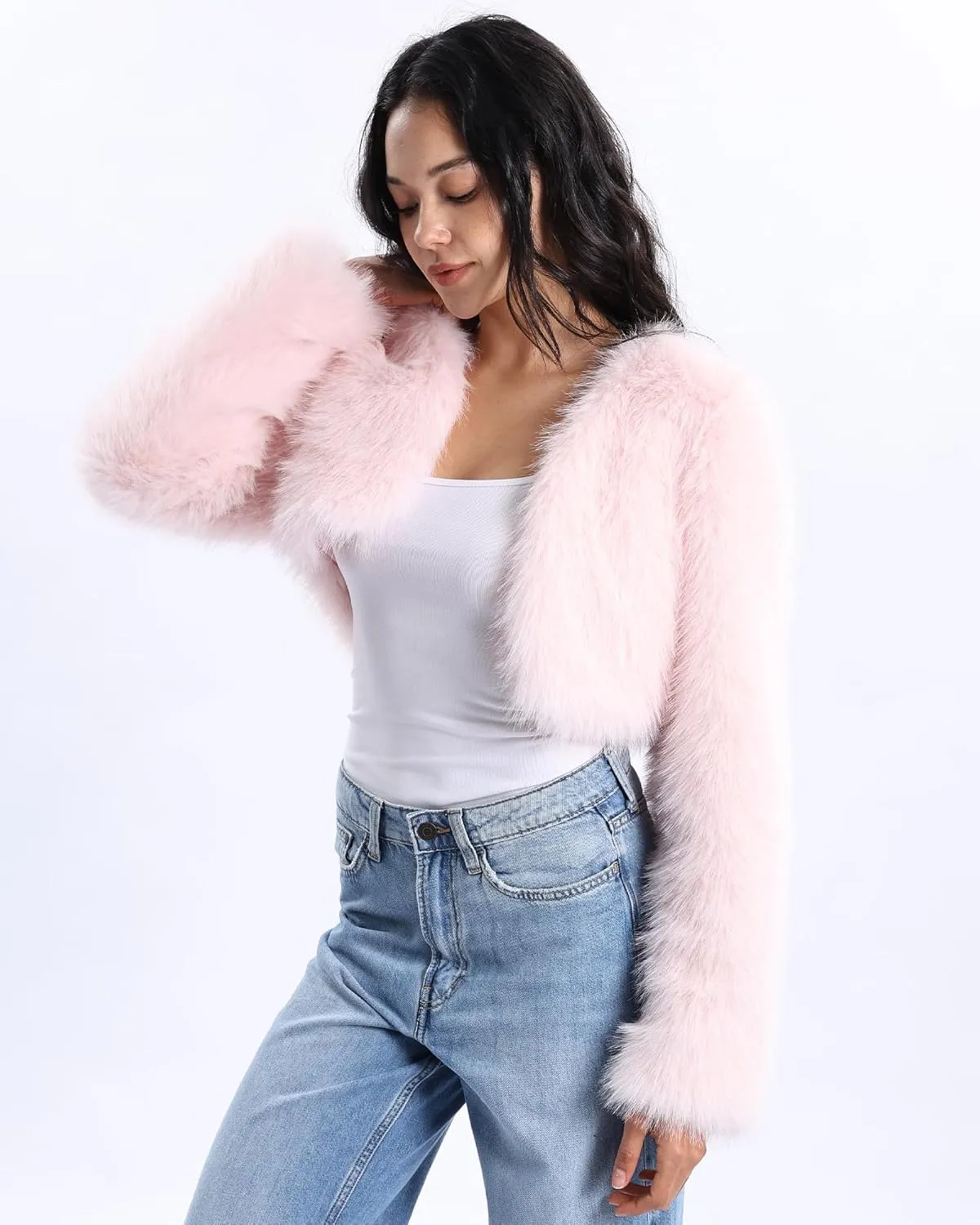 Xintianji Womens Faux Fur Cropped Jacket - Open Front Long Sleeve Winter Fuzzy Fleece Coat