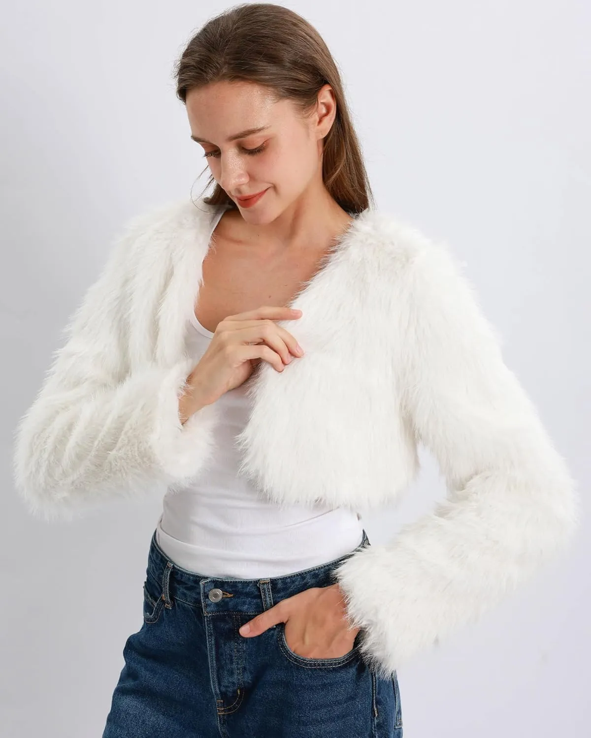 Xintianji Womens Faux Fur Cropped Jacket - Open Front Long Sleeve Winter Fuzzy Fleece Coat