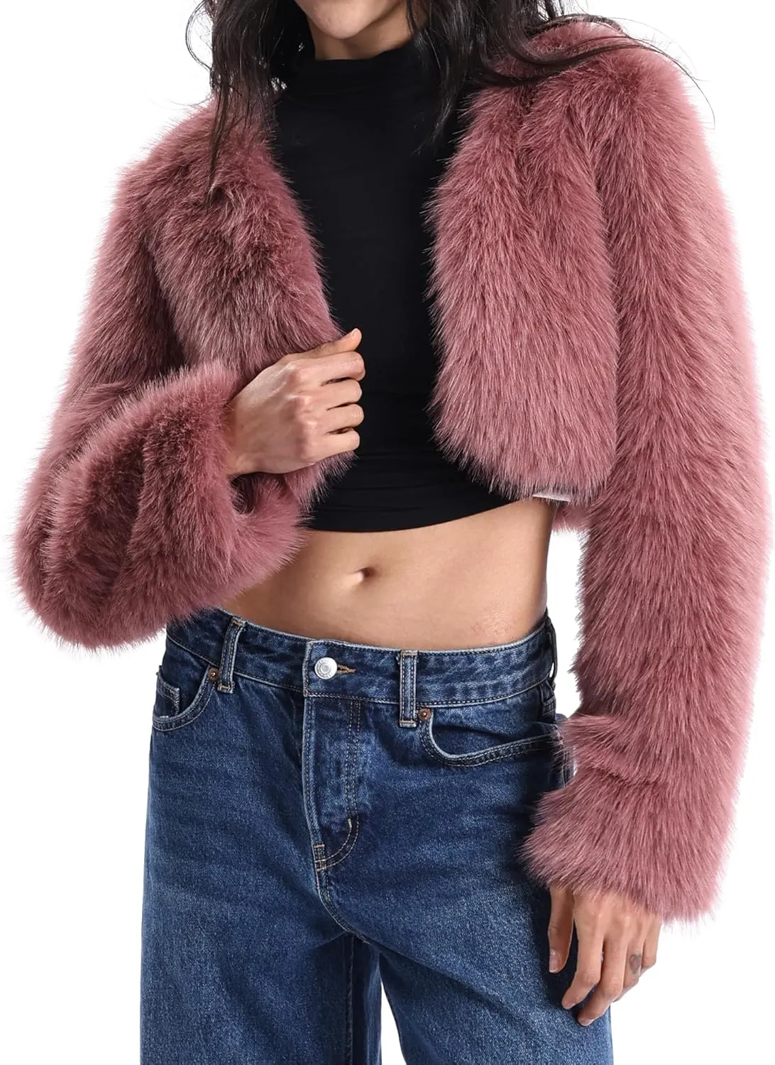Xintianji Womens Faux Fur Cropped Jacket - Open Front Long Sleeve Winter Fuzzy Fleece Coat