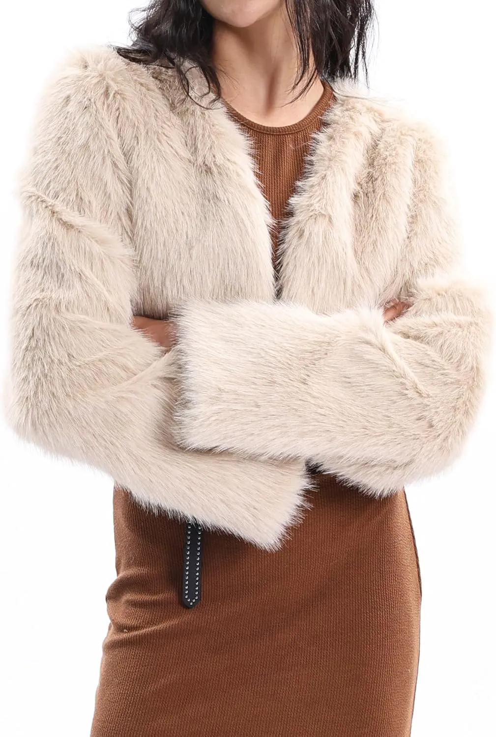Xintianji Womens Faux Fur Cropped Jacket - Open Front Long Sleeve Winter Fuzzy Fleece Coat