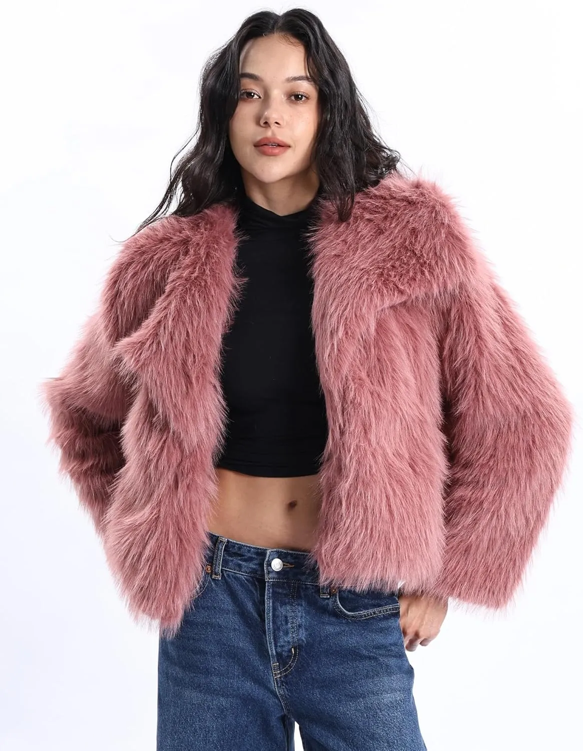 Xintianji Womens Faux Fur Turn-Down Collar Jacket Coat - Open Front Long Sleeve Winter Fuzzy Fleece Coat with Side Pockets