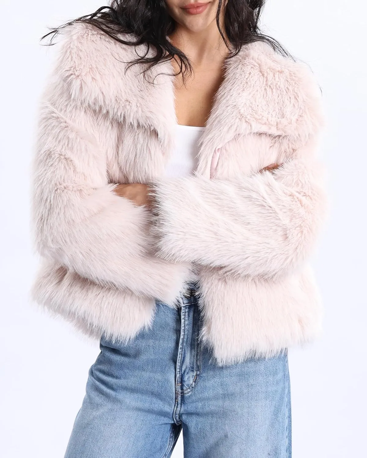 Xintianji Womens Faux Fur Turn-Down Collar Jacket Coat - Open Front Long Sleeve Winter Fuzzy Fleece Coat with Side Pockets