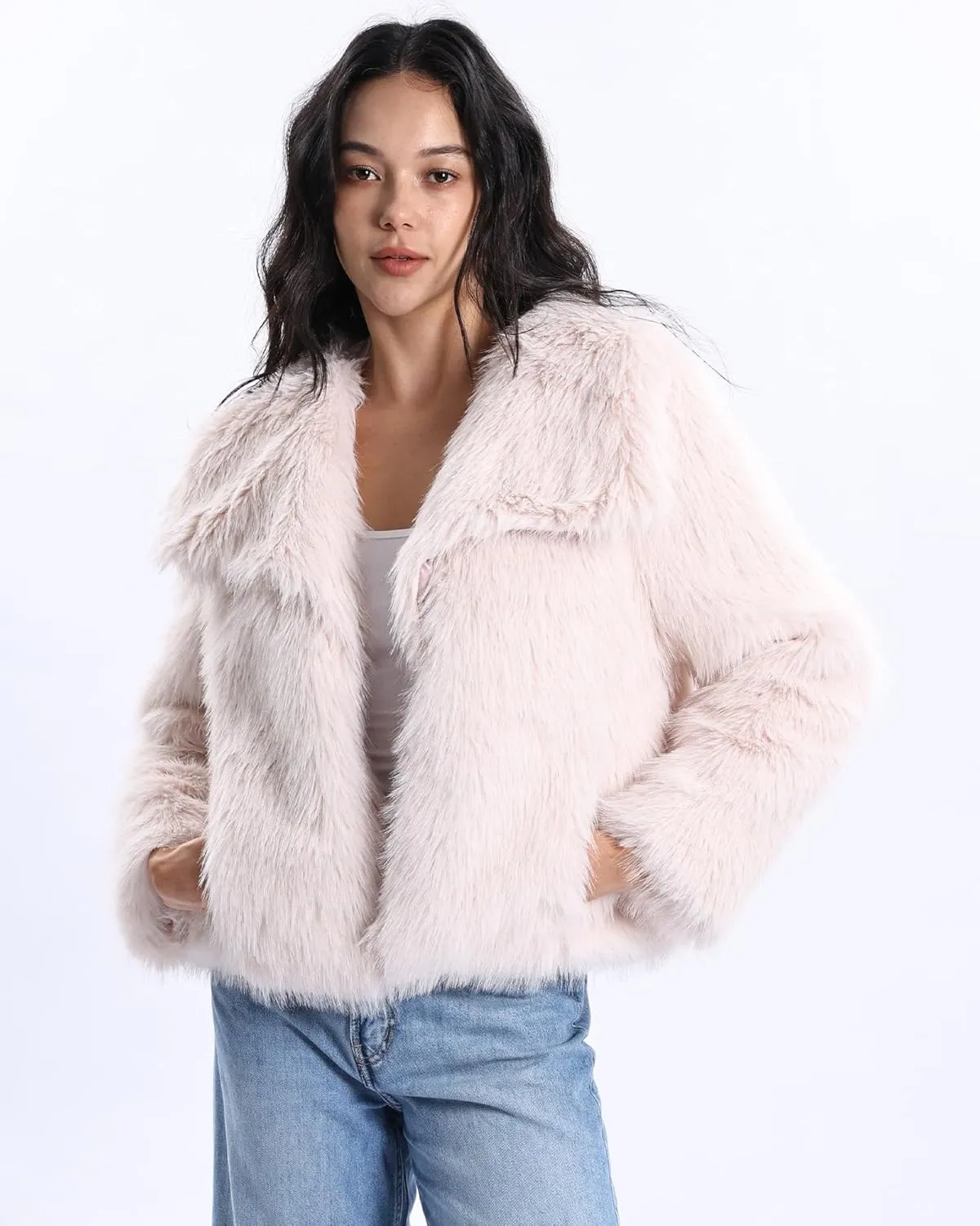 Xintianji Womens Faux Fur Turn-Down Collar Jacket Coat - Open Front Long Sleeve Winter Fuzzy Fleece Coat with Side Pockets
