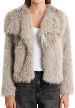 Xintianji Womens Faux Fur Turn-Down Collar Jacket Coat - Open Front Long Sleeve Winter Fuzzy Fleece Coat with Side Pockets