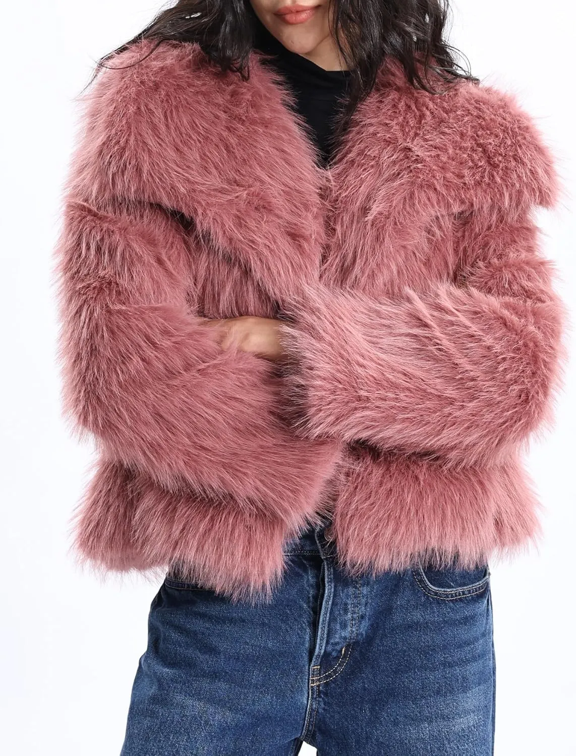 Xintianji Womens Faux Fur Turn-Down Collar Jacket Coat - Open Front Long Sleeve Winter Fuzzy Fleece Coat with Side Pockets