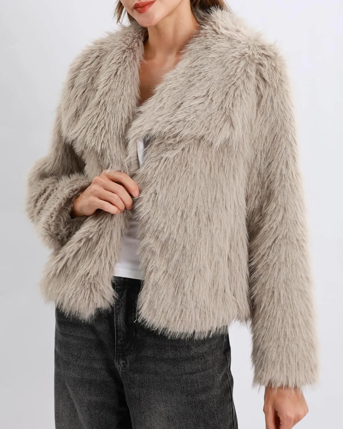 Xintianji Womens Faux Fur Turn-Down Collar Jacket Coat - Open Front Long Sleeve Winter Fuzzy Fleece Coat with Side Pockets
