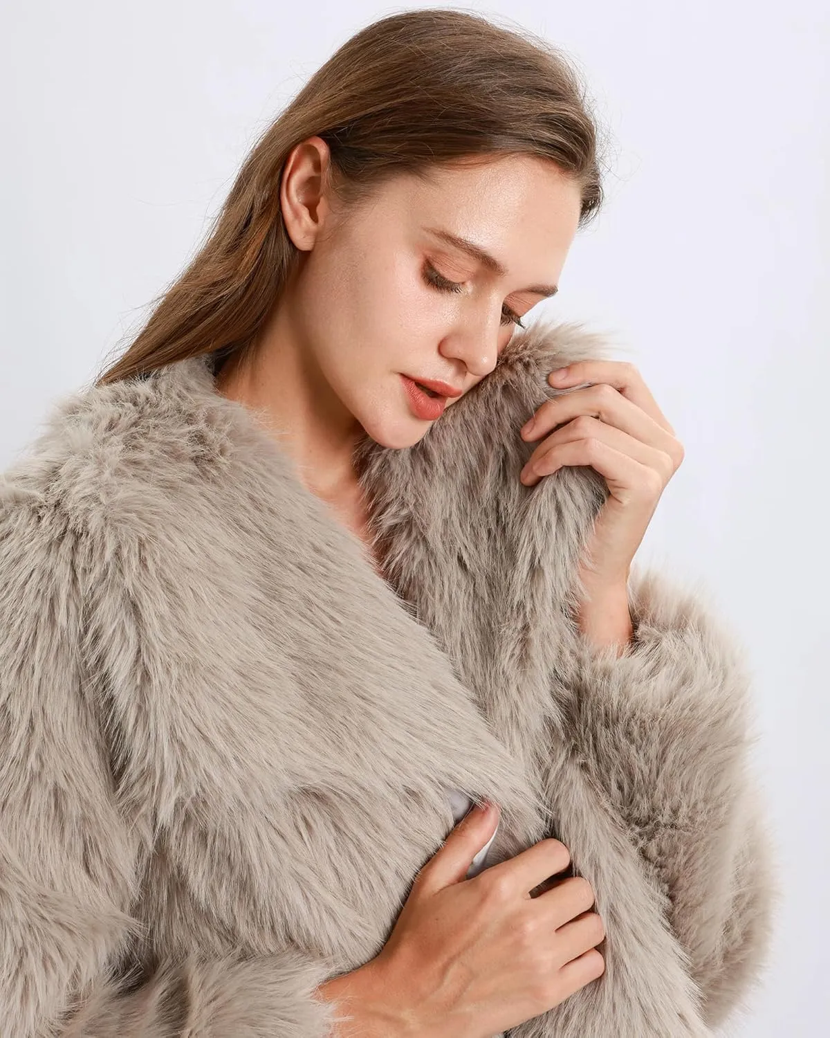 Xintianji Womens Faux Fur Turn-Down Collar Jacket Coat - Open Front Long Sleeve Winter Fuzzy Fleece Coat with Side Pockets