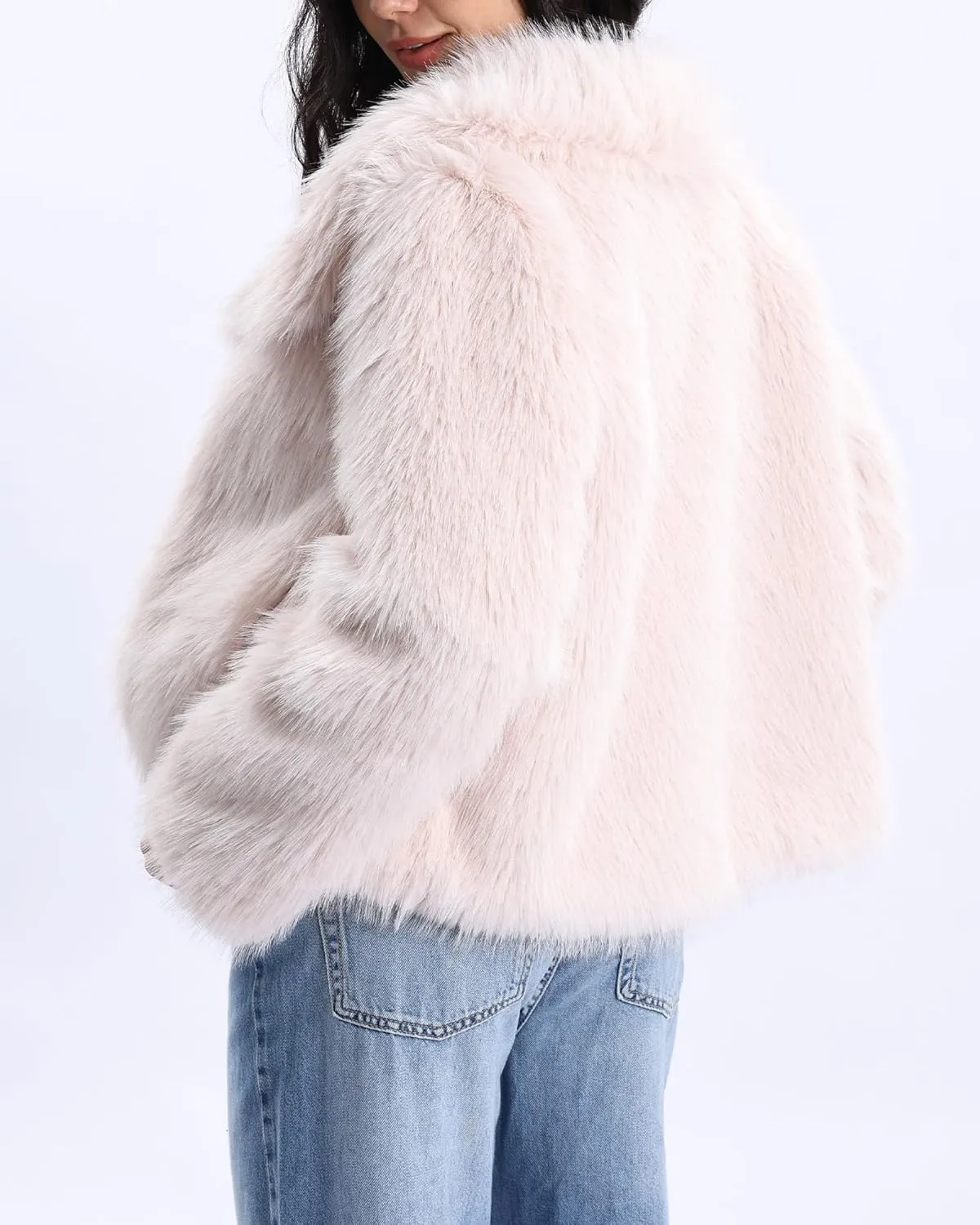 Xintianji Womens Faux Fur Turn-Down Collar Jacket Coat - Open Front Long Sleeve Winter Fuzzy Fleece Coat with Side Pockets