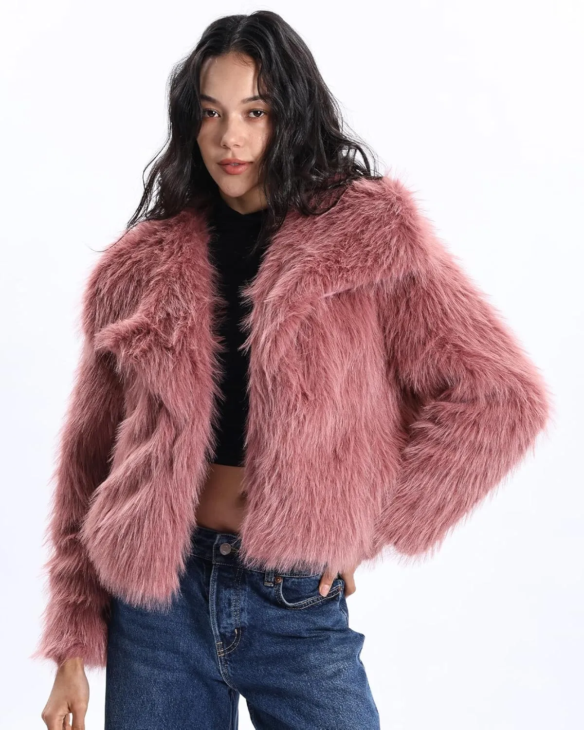 Xintianji Womens Faux Fur Turn-Down Collar Jacket Coat - Open Front Long Sleeve Winter Fuzzy Fleece Coat with Side Pockets