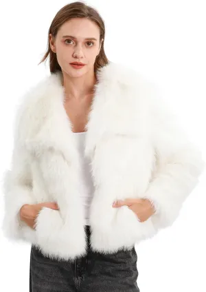 Xintianji Womens Faux Fur Turn-Down Collar Jacket Coat - Open Front Long Sleeve Winter Fuzzy Fleece Coat with Side Pockets