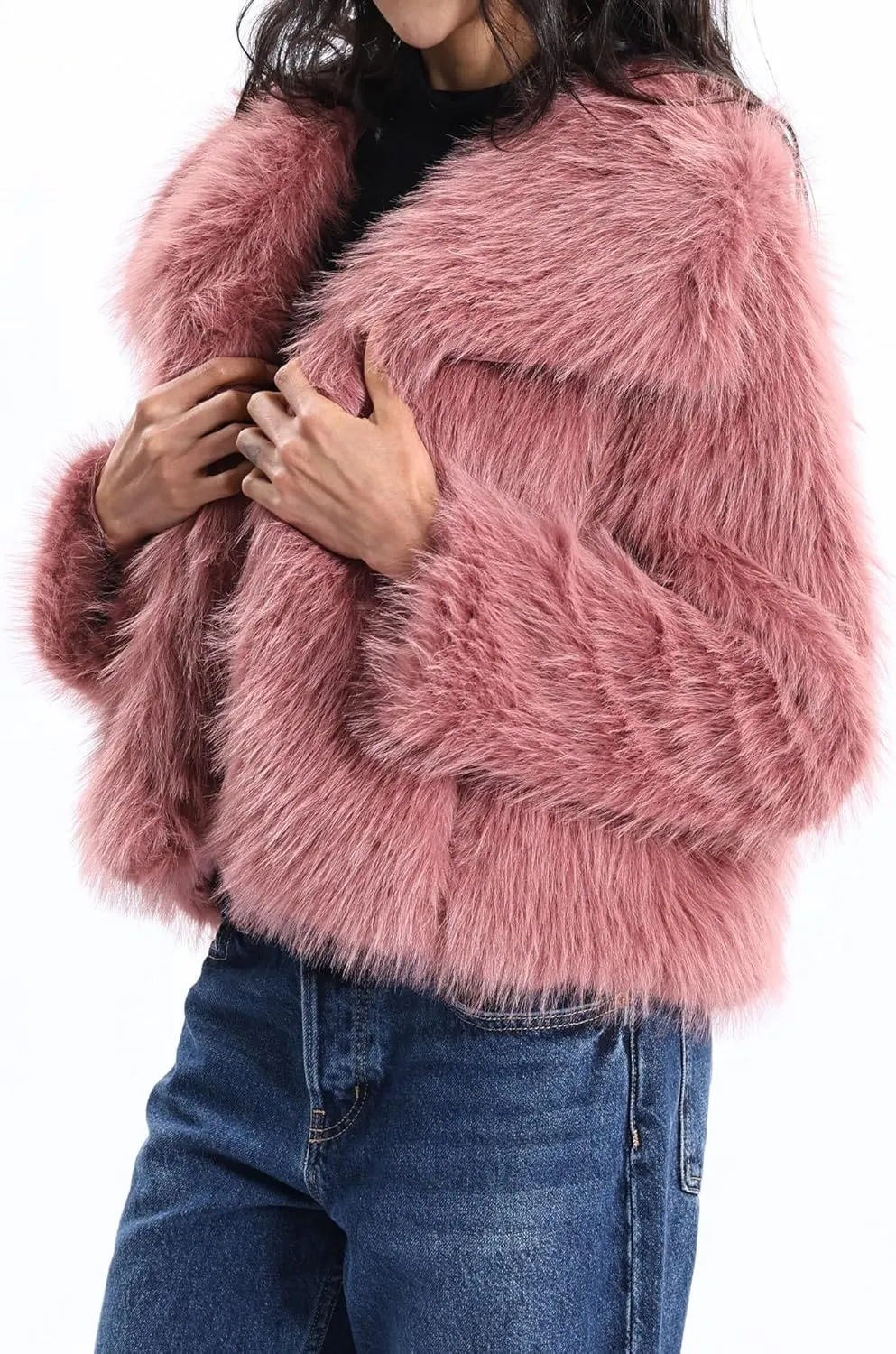 Xintianji Womens Faux Fur Turn-Down Collar Jacket Coat - Open Front Long Sleeve Winter Fuzzy Fleece Coat with Side Pockets