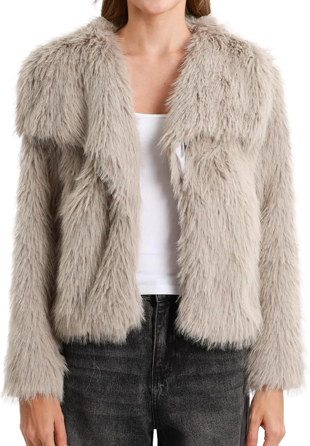 Xintianji Womens Faux Fur Turn-Down Collar Jacket Coat - Open Front Long Sleeve Winter Fuzzy Fleece Coat with Side Pockets