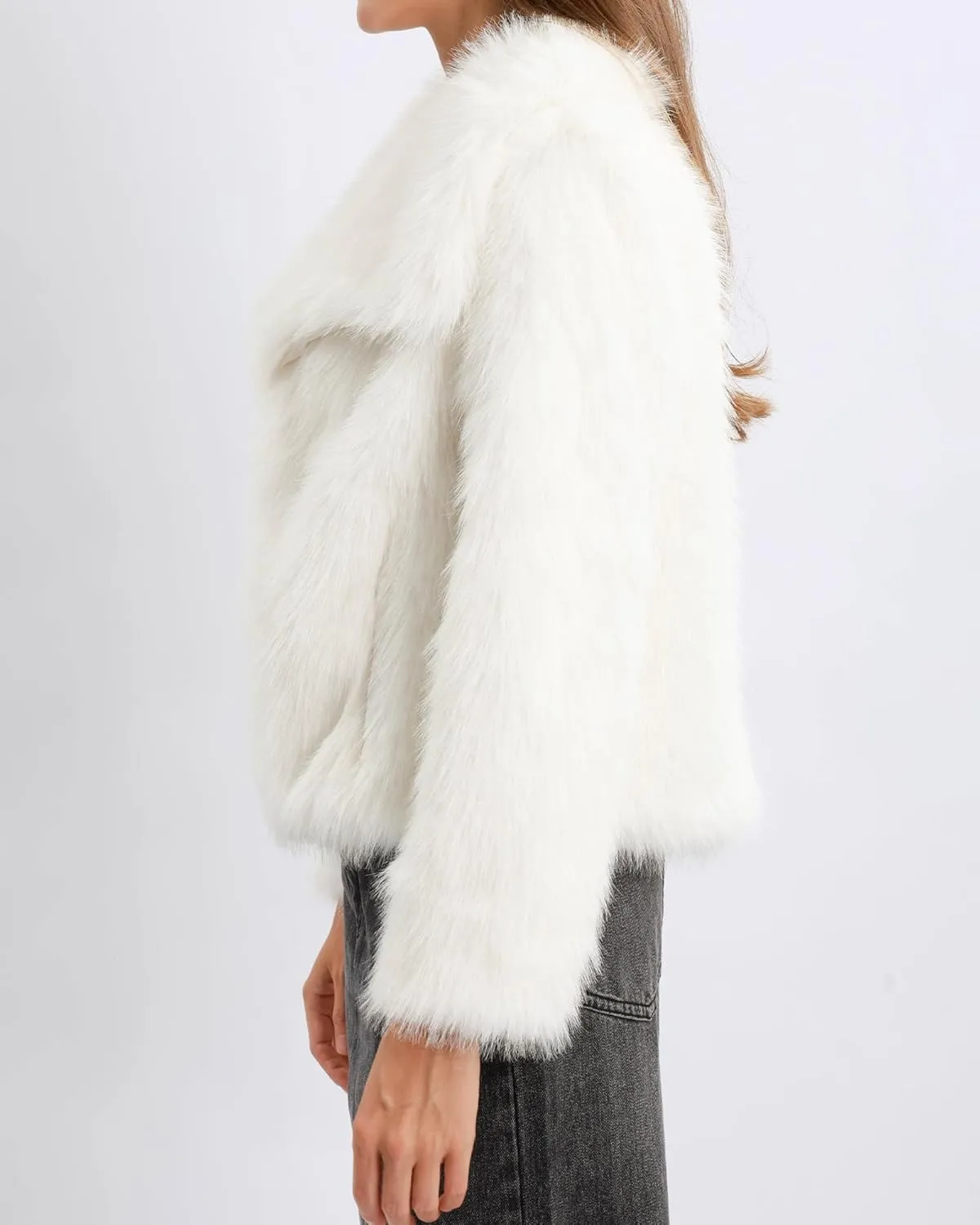 Xintianji Womens Faux Fur Turn-Down Collar Jacket Coat - Open Front Long Sleeve Winter Fuzzy Fleece Coat with Side Pockets