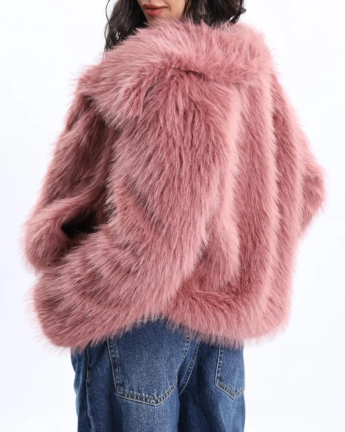 Xintianji Womens Faux Fur Turn-Down Collar Jacket Coat - Open Front Long Sleeve Winter Fuzzy Fleece Coat with Side Pockets
