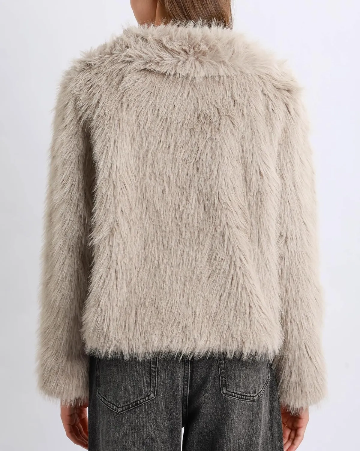 Xintianji Womens Faux Fur Turn-Down Collar Jacket Coat - Open Front Long Sleeve Winter Fuzzy Fleece Coat with Side Pockets