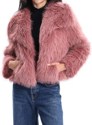 Xintianji Womens Faux Fur Turn-Down Collar Jacket Coat - Open Front Long Sleeve Winter Fuzzy Fleece Coat with Side Pockets