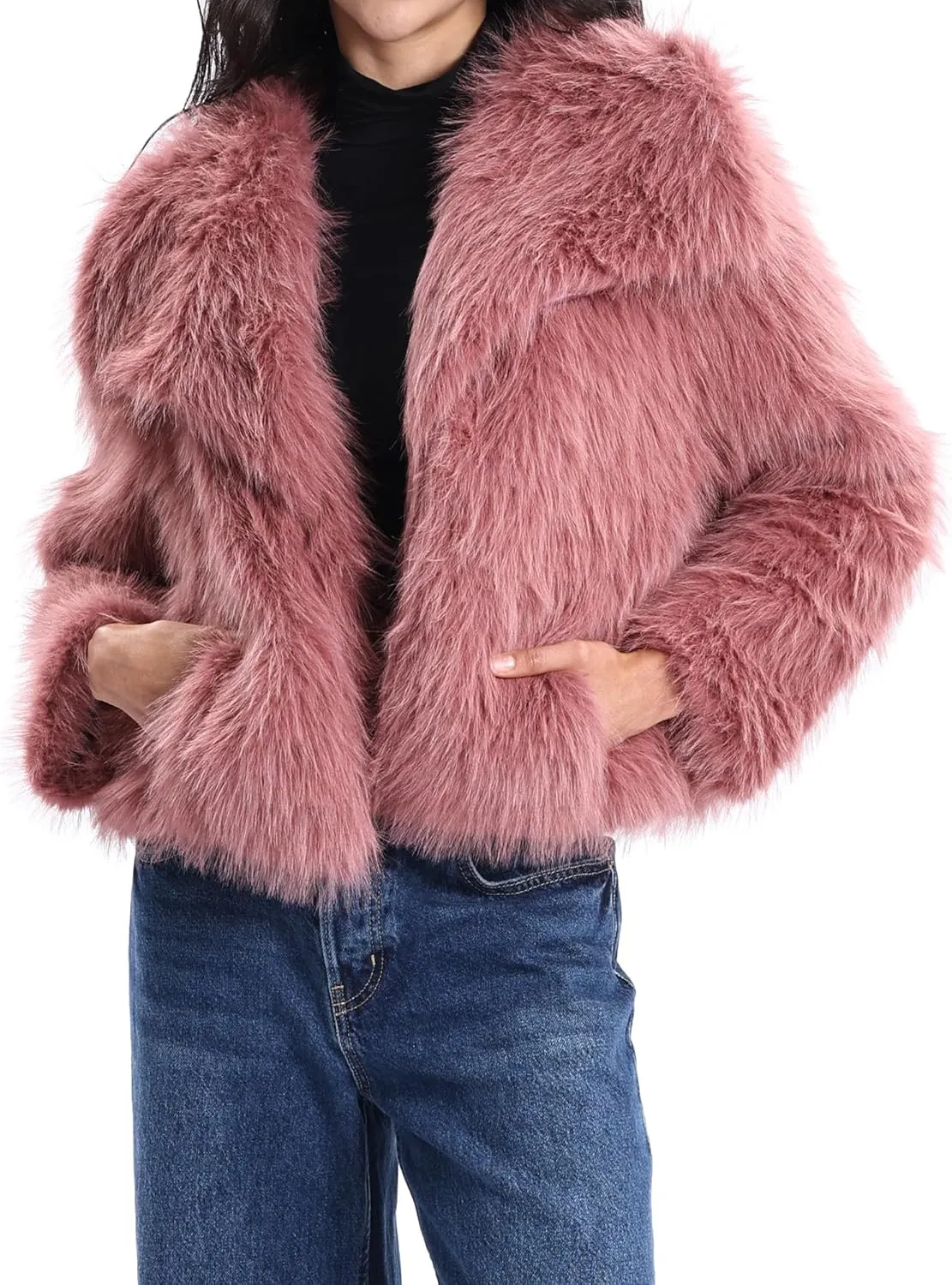 Xintianji Womens Faux Fur Turn-Down Collar Jacket Coat - Open Front Long Sleeve Winter Fuzzy Fleece Coat with Side Pockets