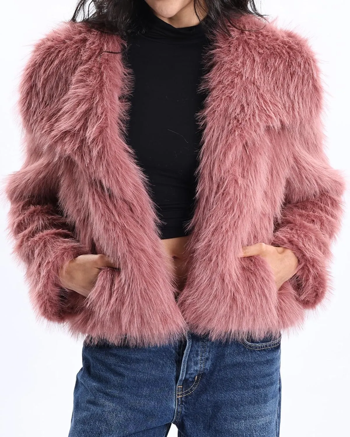 Xintianji Womens Faux Fur Turn-Down Collar Jacket Coat - Open Front Long Sleeve Winter Fuzzy Fleece Coat with Side Pockets