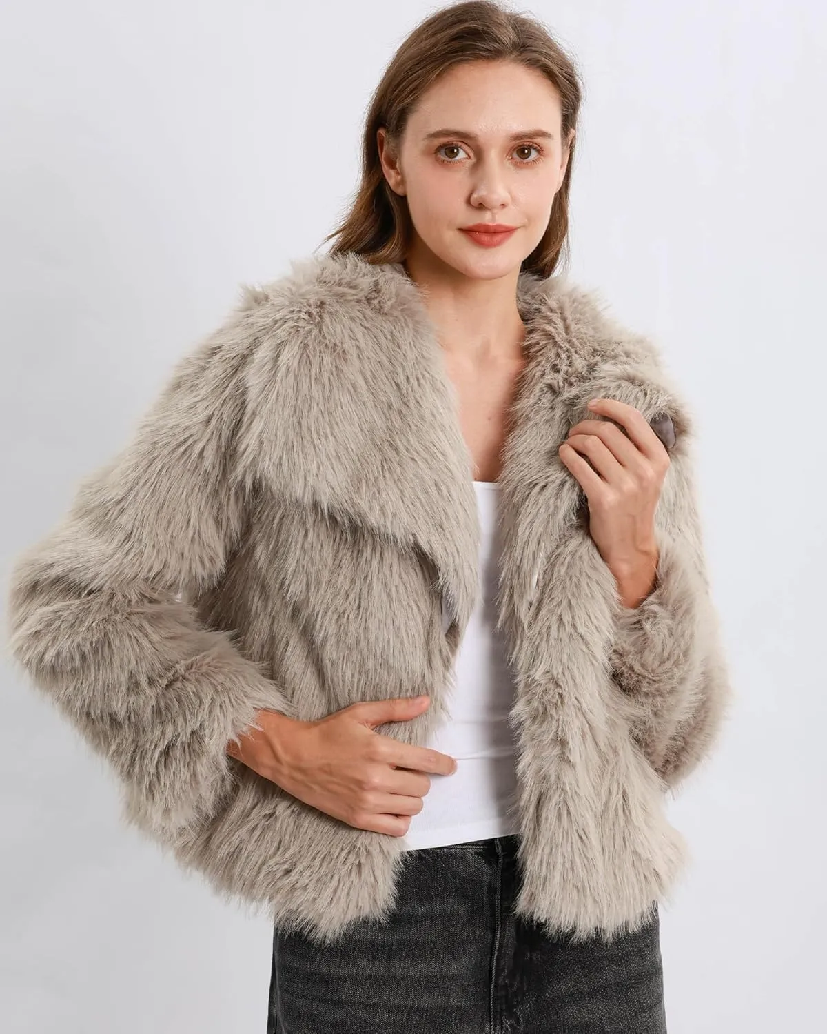 Xintianji Womens Faux Fur Turn-Down Collar Jacket Coat - Open Front Long Sleeve Winter Fuzzy Fleece Coat with Side Pockets