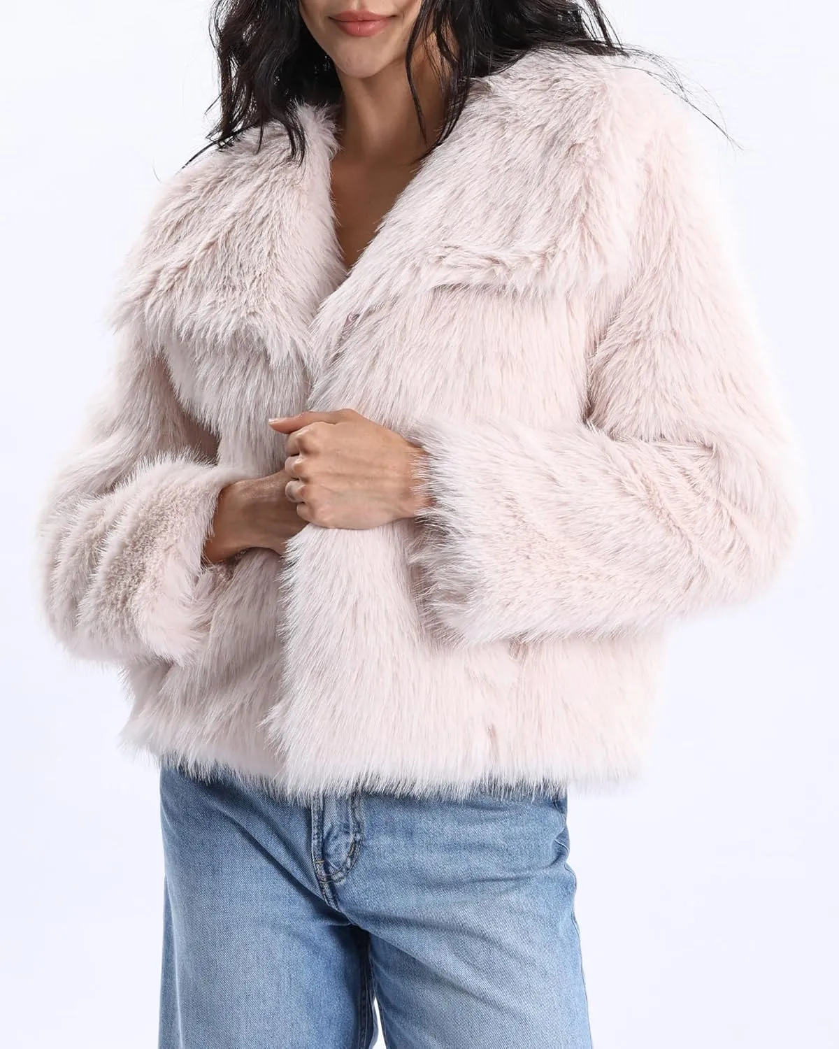 Xintianji Womens Faux Fur Turn-Down Collar Jacket Coat - Open Front Long Sleeve Winter Fuzzy Fleece Coat with Side Pockets